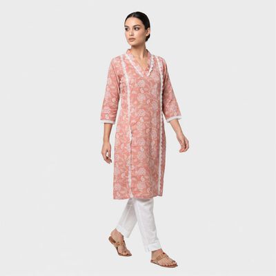 Women's Pink V-Neck Lace Trim Printed Kurta