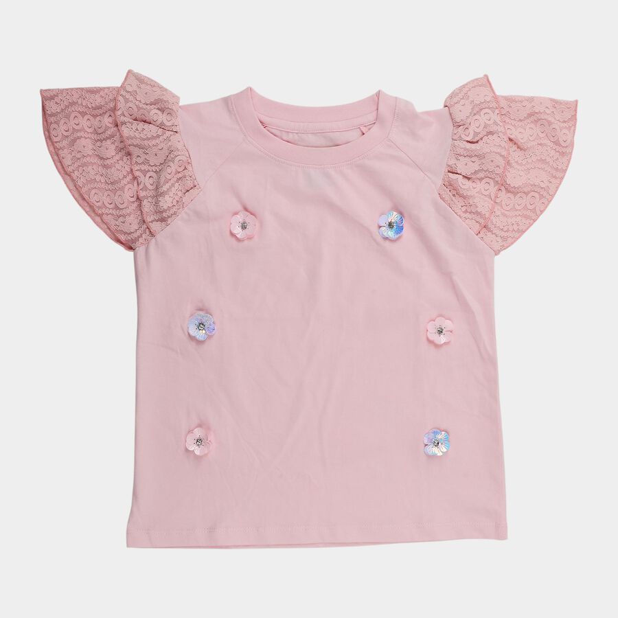 Girls Pink Cotton Round Neck Graphic Printed T-Shirt, हल्का गुलाबी, large