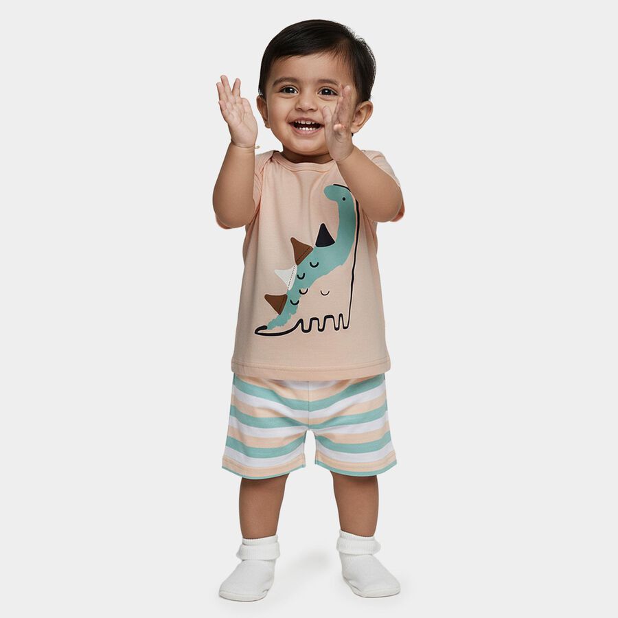 Infants' Peach Cotton Round Neck Dinosaur Printed Baba Suit, Peach, large