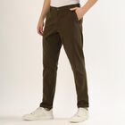 Men's Light Beige Slim Fit Flat-Front Casual Trousers, Olive, small