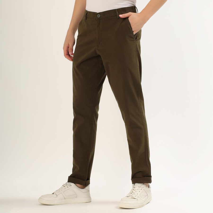 Men's Light Beige Slim Fit Flat-Front Casual Trousers, Olive, large