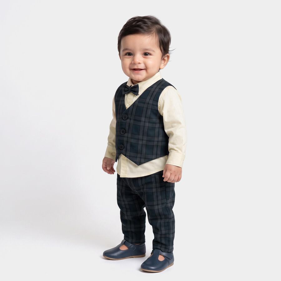 Infants' Navy Blue 100% Cotton Collared Neck Checked Baba Suit, Navy Blue, large
