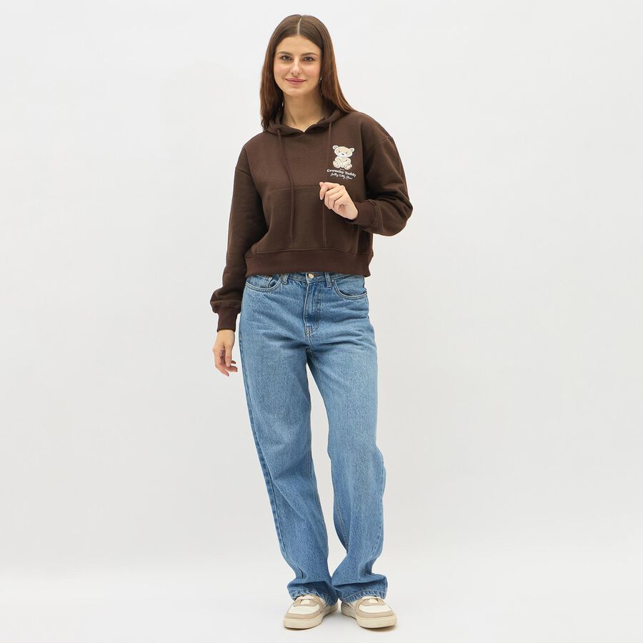 Women's Dark Chocolate Brown Hooded Neck Casual Sweatshirt, Brown, large image number null