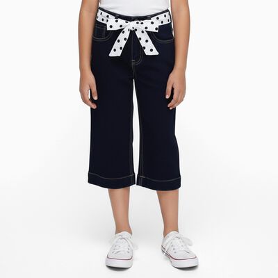 Girls' Deep Navy Blue Cotton Blend Polka Dot Belt Capri