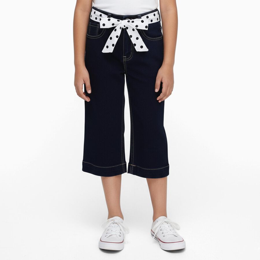 Girls' Deep Navy Blue Cotton Blend Polka Dot Belt Capri, Mid Blue, large image number null