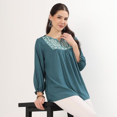 Women's Muted Teal Blue Notch Neck Embroidered Kurti