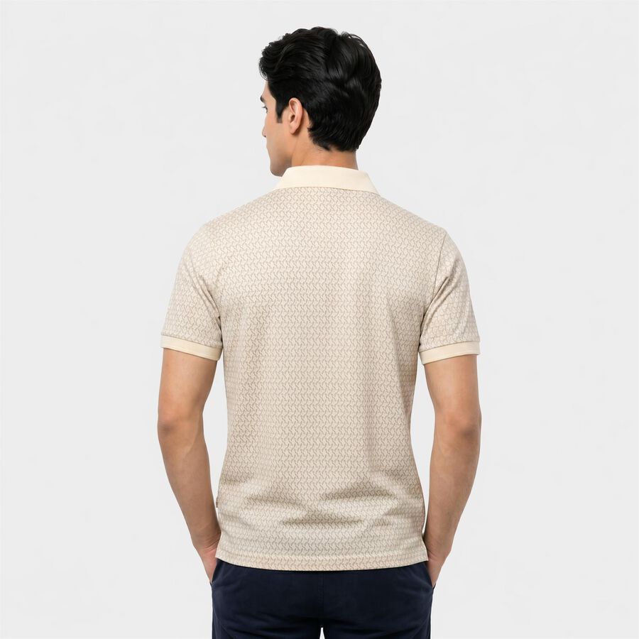 Men's Ecru Melange Cotton Polo Neck Geometric Polo T-Shirt, एक्रू मिश्रित, large