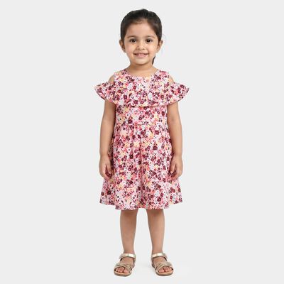 Girls' Pink Floral Printed Fit and Flare Frock