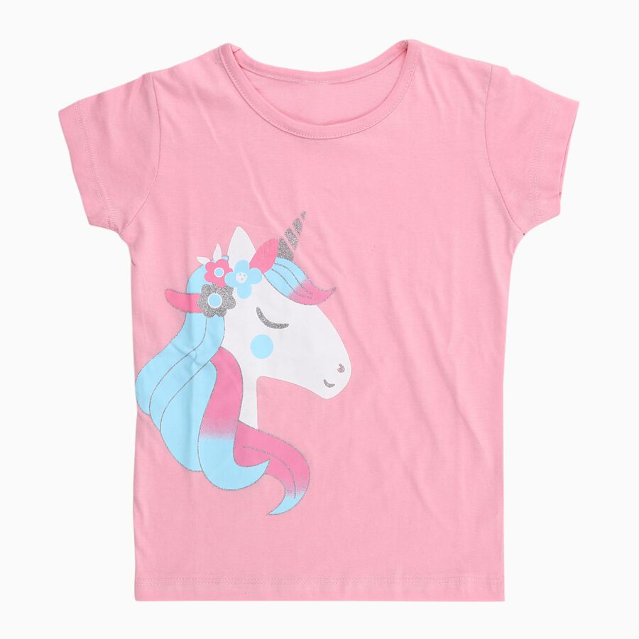 Girls' Pink Cotton Round Neck Casual T-Shirt, गुलाबी, large