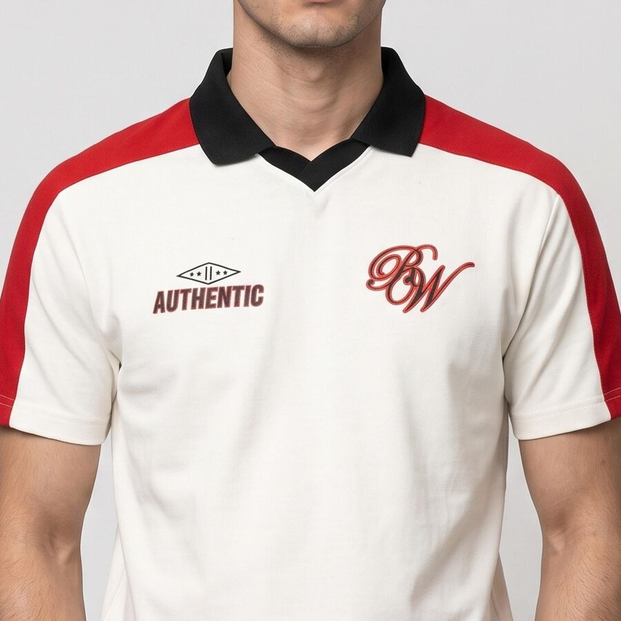 Men's White Polo Neck Graphic Print T-Shirt, Off White, large