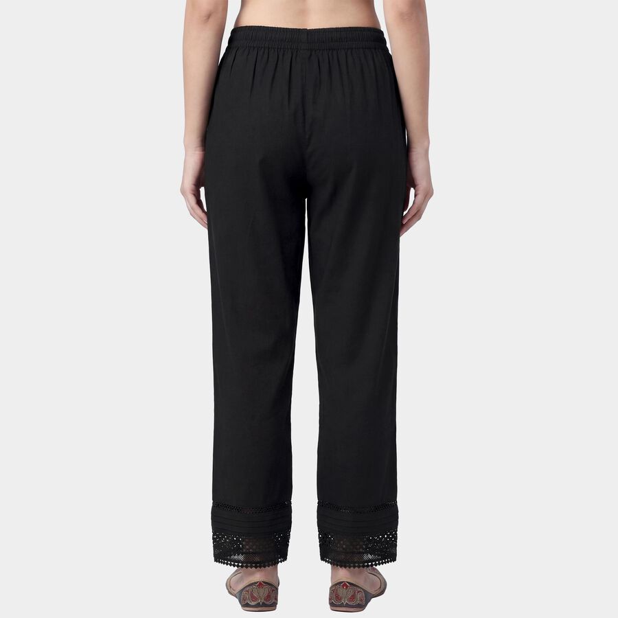 Women's Black Straight-Fit Lace Hem Cotton Palazzos, काला, large