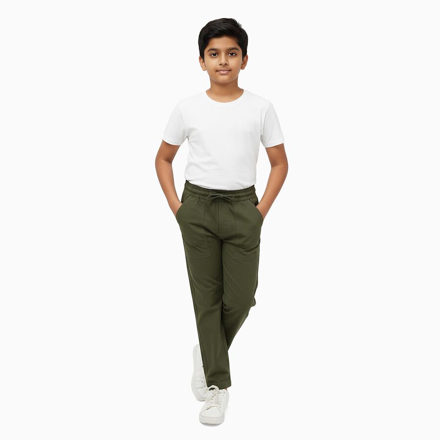 Boys' Olive Green Straight Fit Elastic Waist Trousers, ओलिव, large image number null