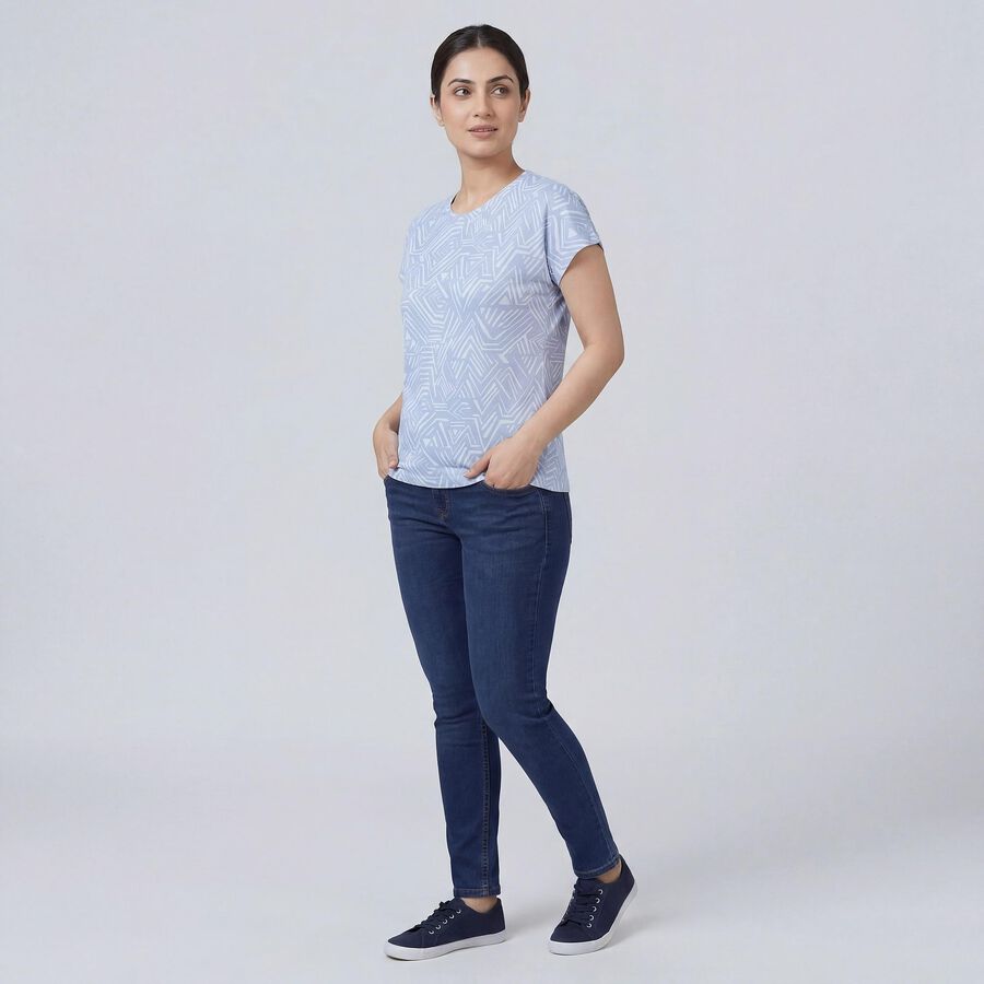 Women's Blue Round Neck Casual T-Shirt, हल्का नीला, large