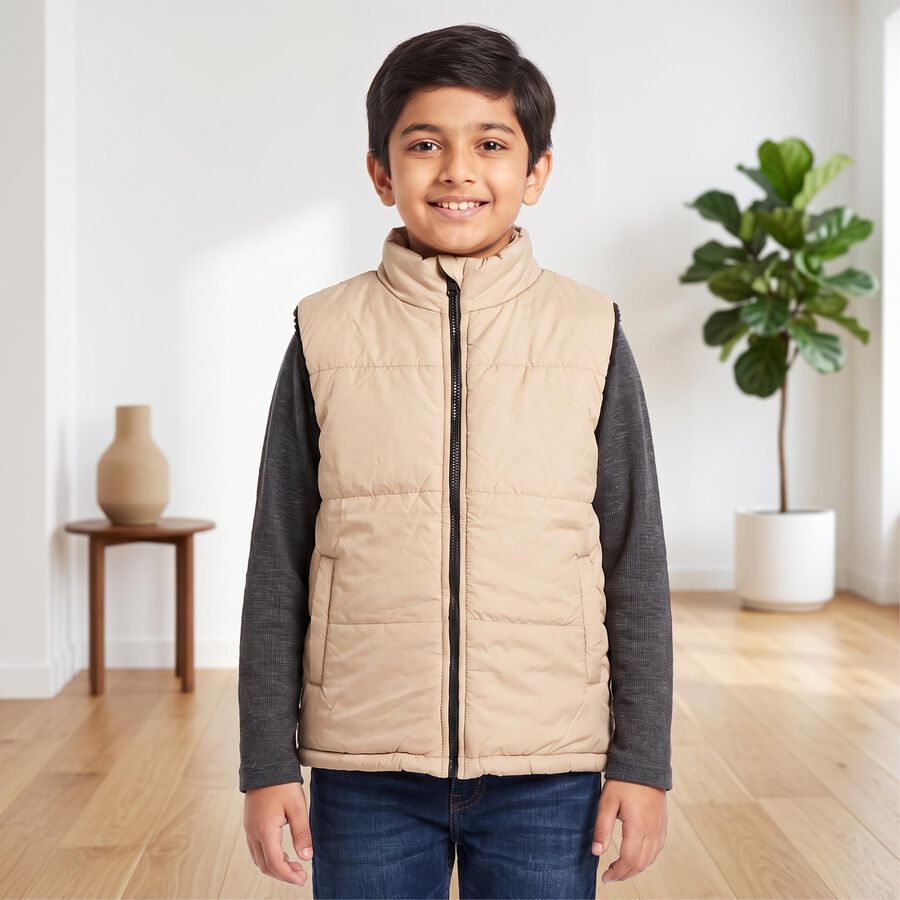 Boys Beige Stand Collar Puffer Jacket, Beige, large