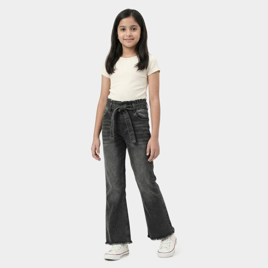 Girls' Black Flared Fit Tie-Up Jeans, Black, large