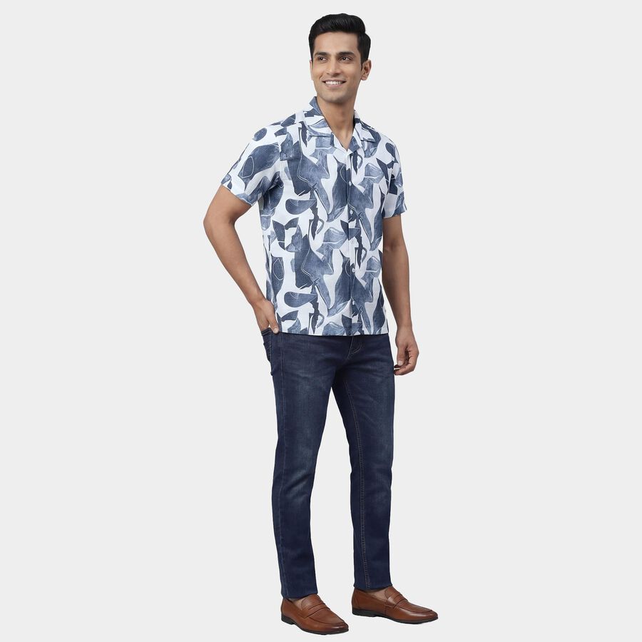 Men's Navy Blue Cotton Spread Collar Slim Fit Casual Shirt, Navy Blue, large