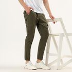 Men's Beige Slim Fit Cotton Casual Trousers, Olive, small