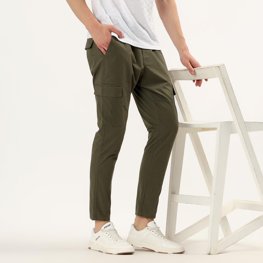 Men's Beige Slim Fit Cotton Casual Trousers, Olive, large