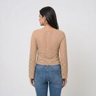 Women's Beige Round Neck Regular Top, गहरा पीला, small