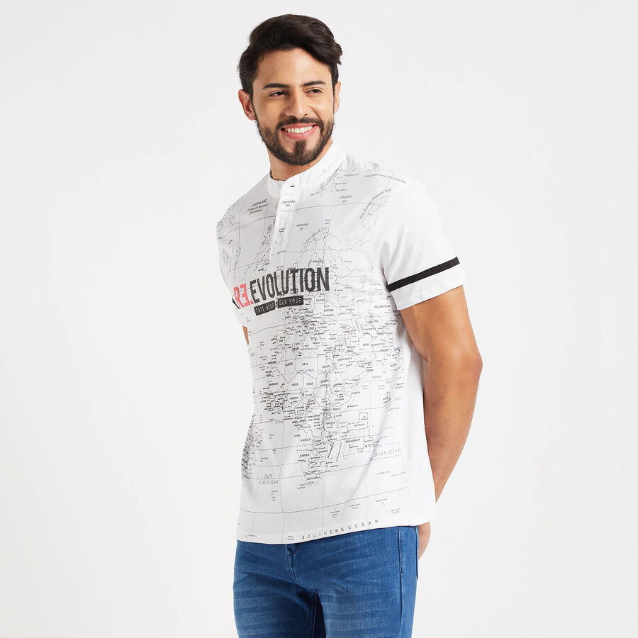 Cotton Printed Henley T-Shirt, White, large image number null