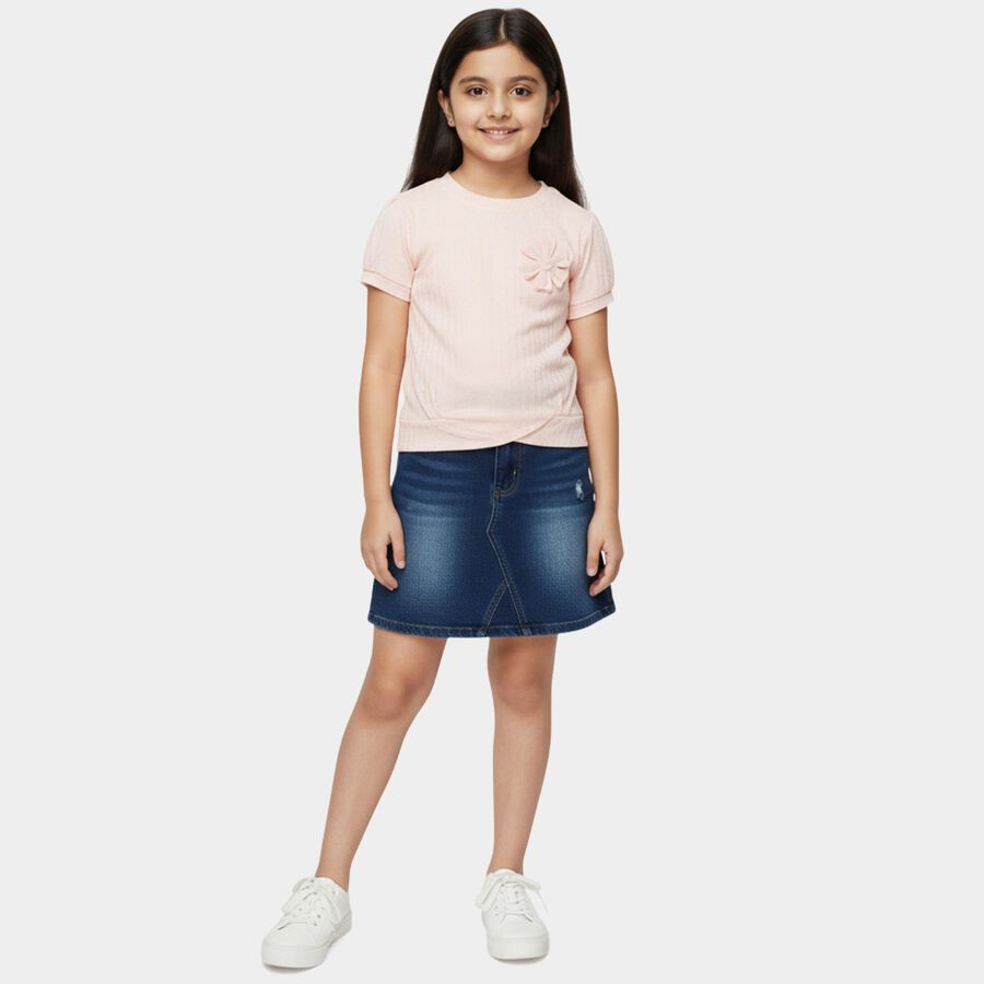 Girls Peach Round Neck Casual T-Shirt, Peach, large