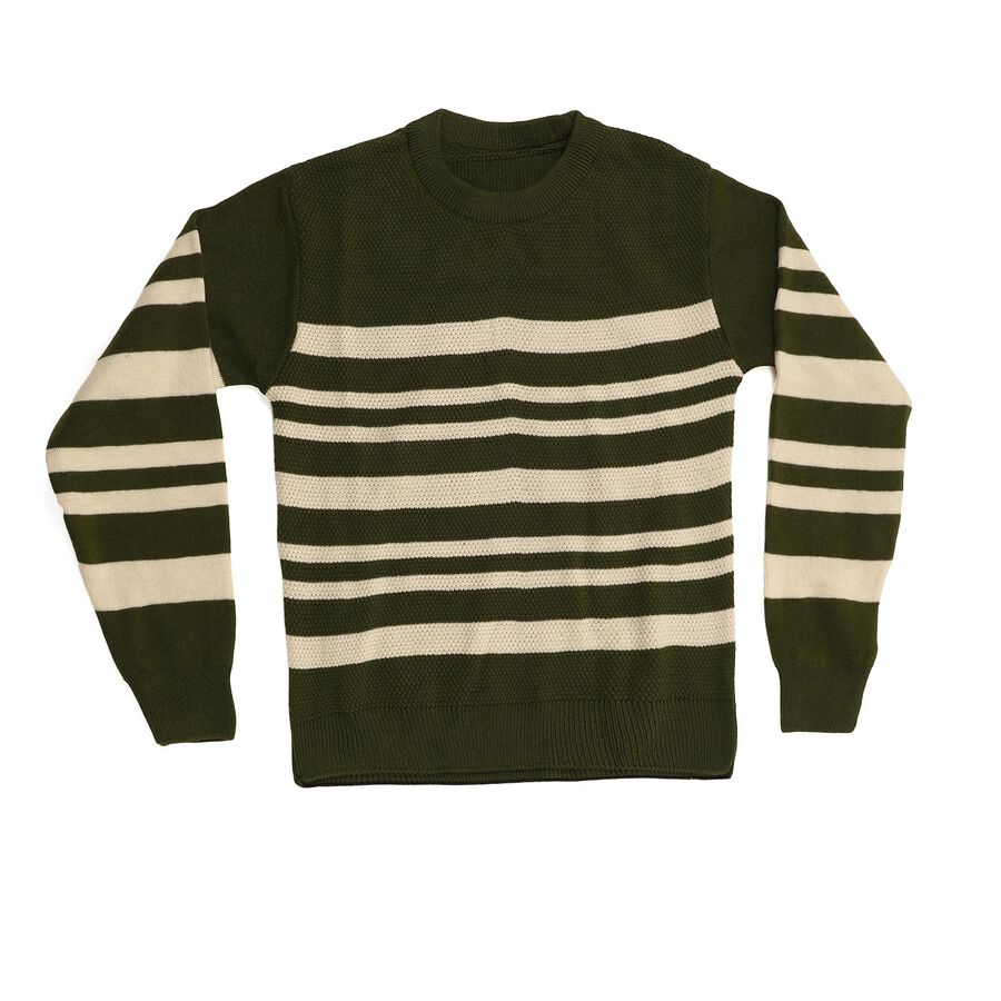 Boys Olive Green Crew Neck Striped Pullover, ओलिव, large image number null