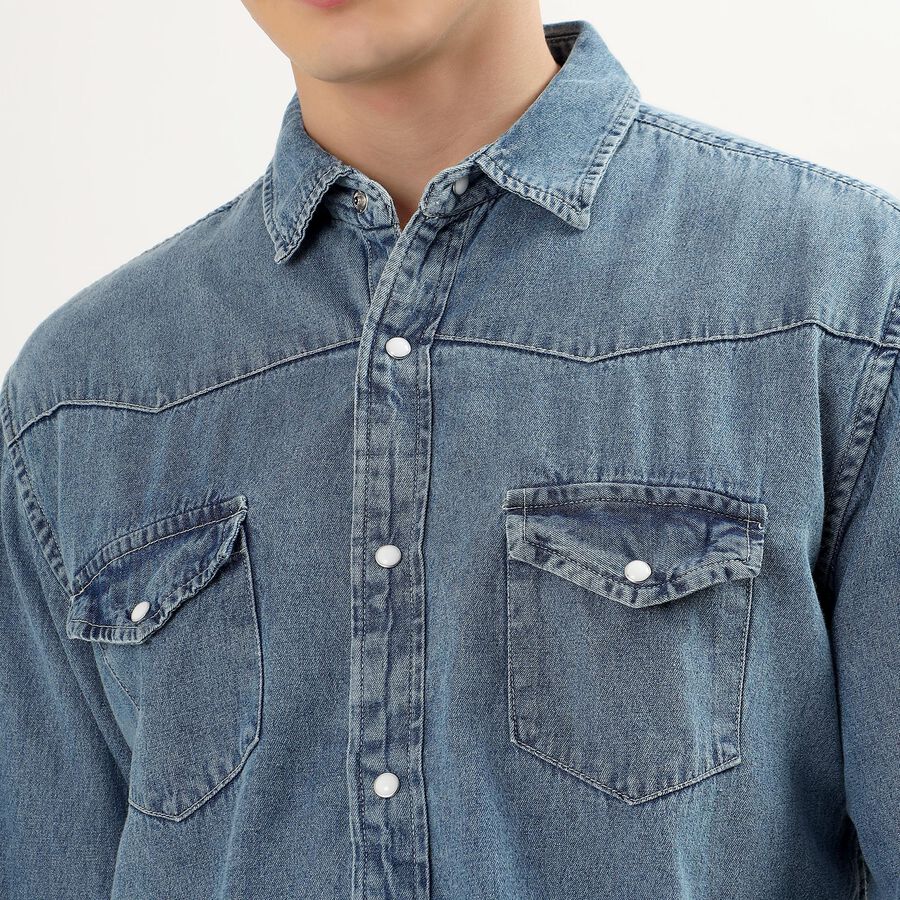 Men's Denim Blue Cotton Classic Collar Casual Shirt, Dark Blue, large image number null
