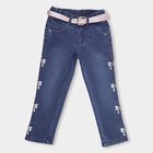 Girls' Deep Indigo Blue Straight Fit Embroidered Jeans, गहरा नीला, small