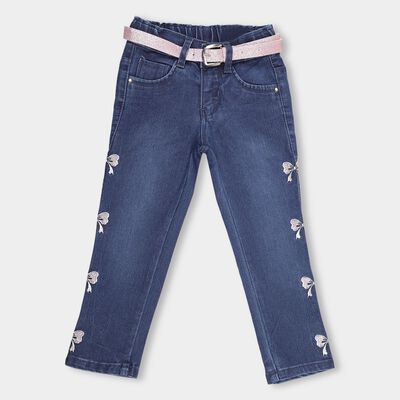 Girls' Deep Indigo Blue Straight Fit Embroidered Jeans