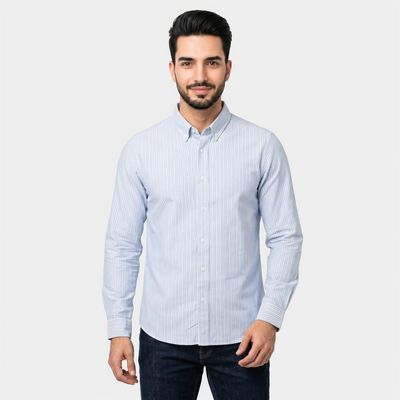 Men's Light Blue Cotton Long Sleeve Button-Down Collar Regular Fit Casual Shirt