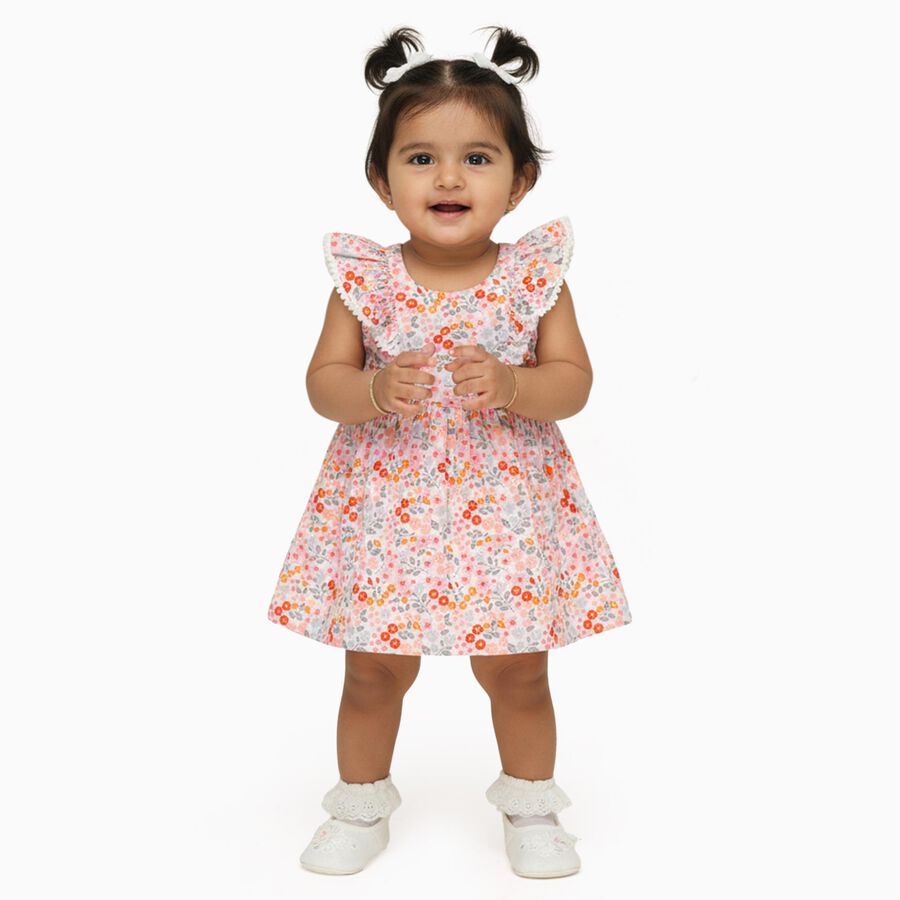 Infants' Pink Floral Cotton Ruffled Frock, हल्का गुलाबी, large image number null
