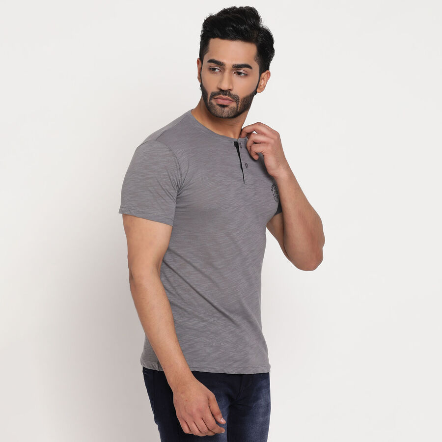 Cotton Solid Henley T-Shirt, Dark Grey, large image number null