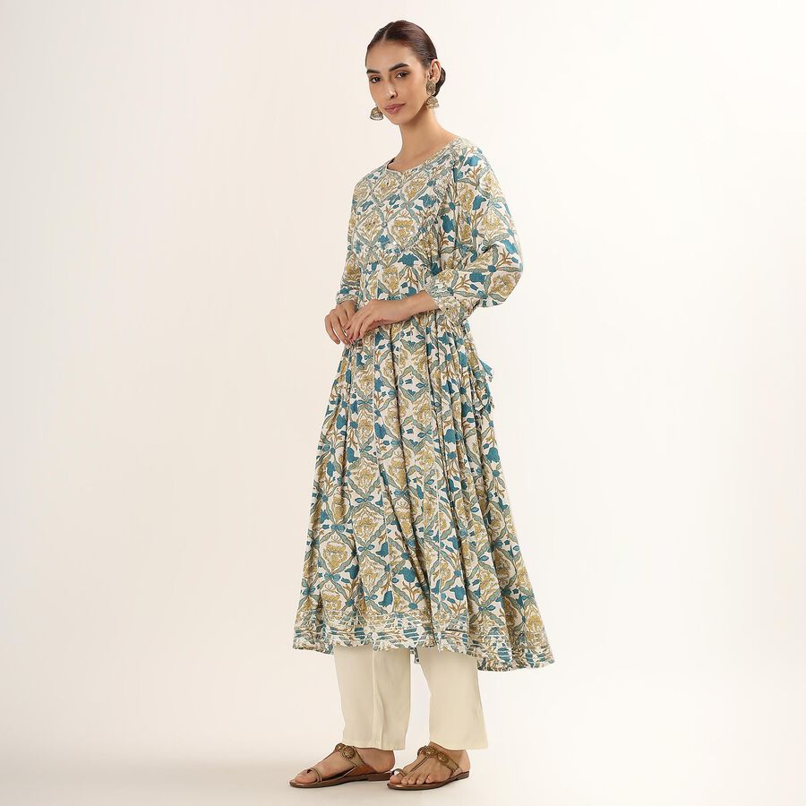 Women's Muted Teal and Beige Round Neck Floral Printed Kurta, Teal Blue, large image number null