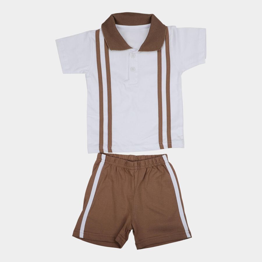 Infants' White Cotton Polo Neck Striped Baba Suit, सफ़ेद, large