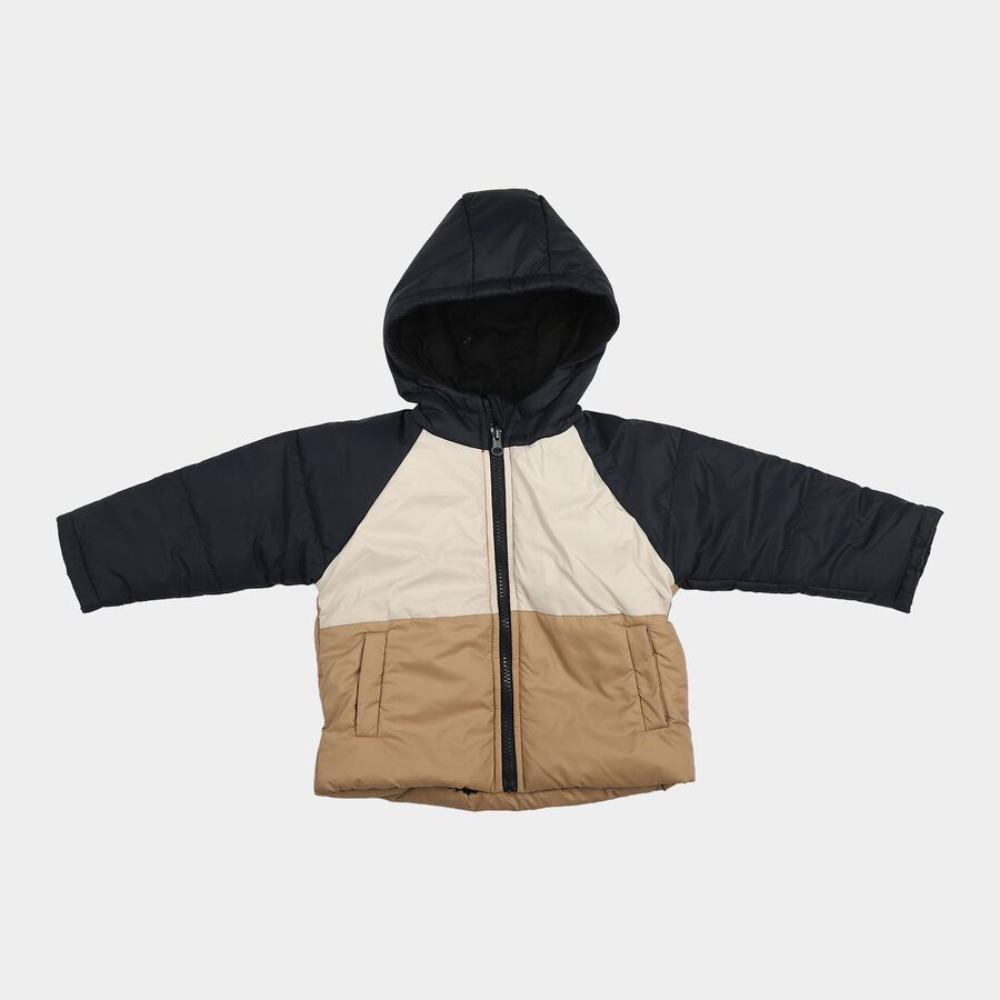 Infants Beige Hooded Puffer Jacket, गहरा पीला, large