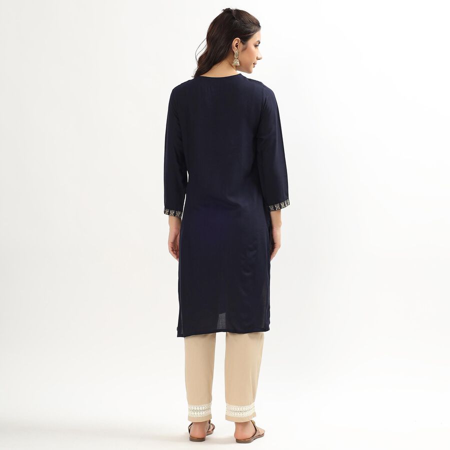 Women's Deep Midnight Navy Round Neck Embroidered Kurta, नेवी ब्लू, large image number null