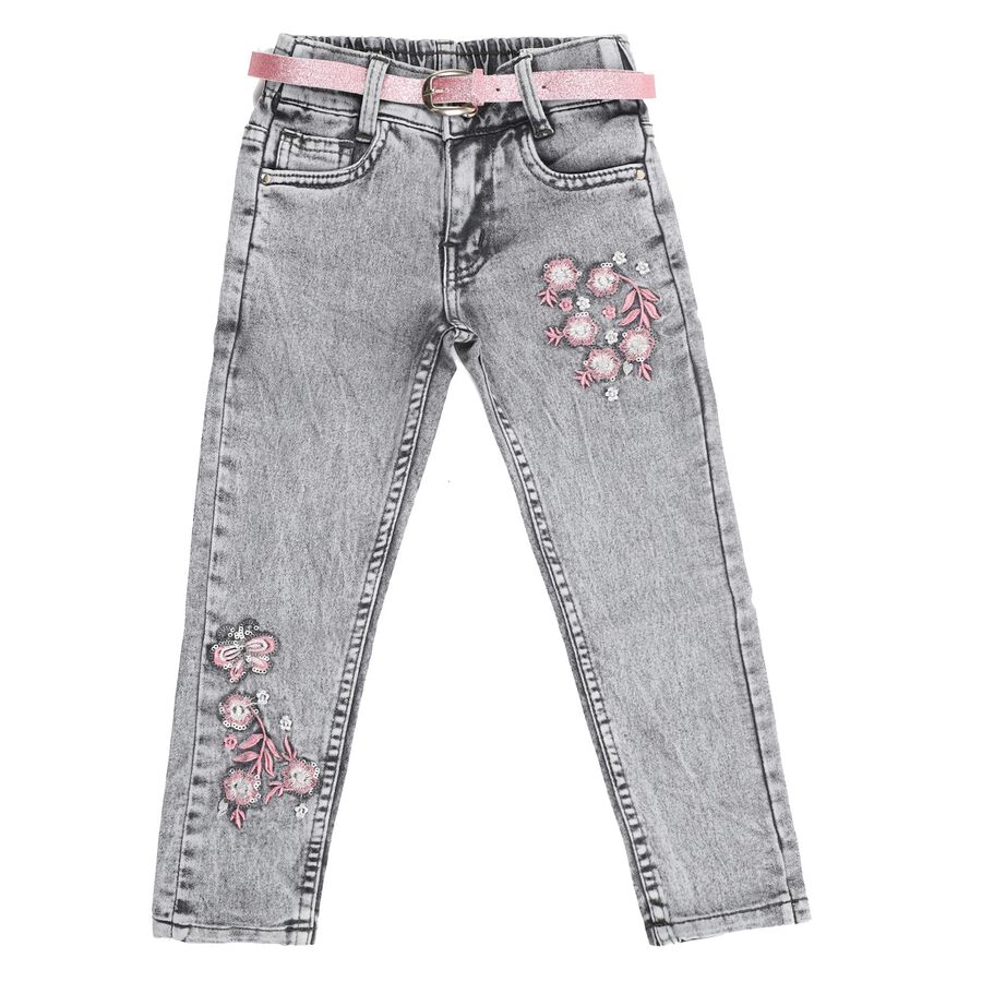 Girls Light Washed Grey Slim Fit Embroidered Jeans, हल्का ग्रे, large image number null