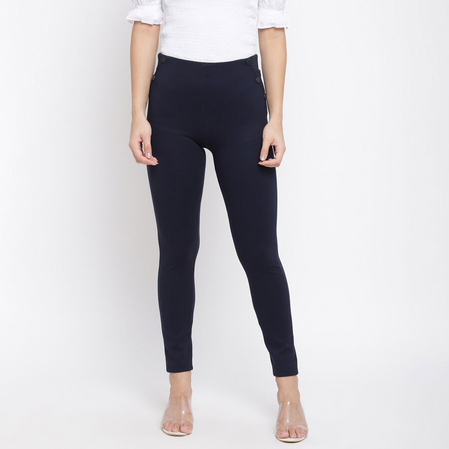 Solid High Rise Skinny Trousers, Navy Blue, large image number null