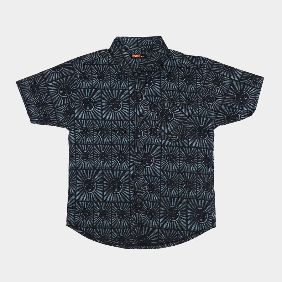 Boys Navy Blue Cotton Short Sleeves Spread Collar Shirt, Navy Blue, large