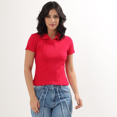 Women's Vibrant Red Polo Neck Ribbed T-Shirt