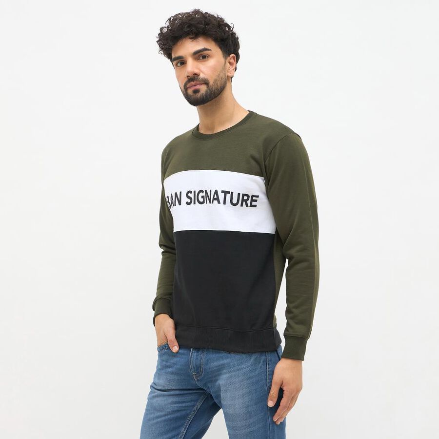 Men's Olive Green and Black Crew Neck Casual Sweatshirt, गहरा हरा, large image number null