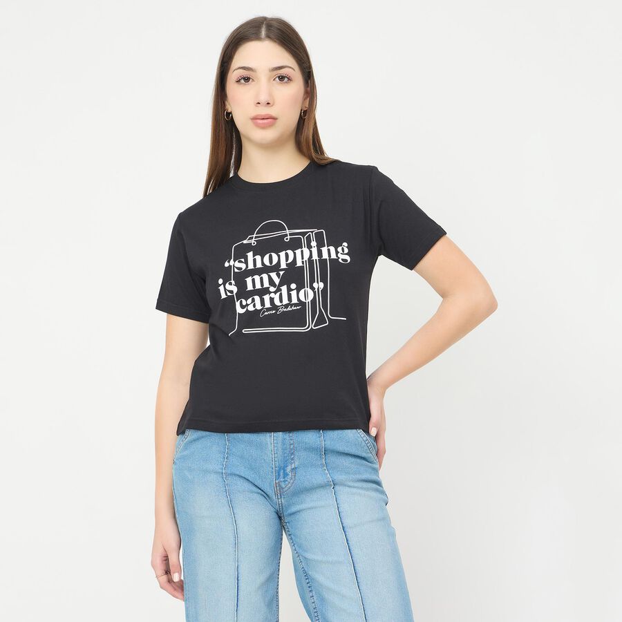 Women's Jet Black Cotton Round Neck Casual T-Shirt, Black, large