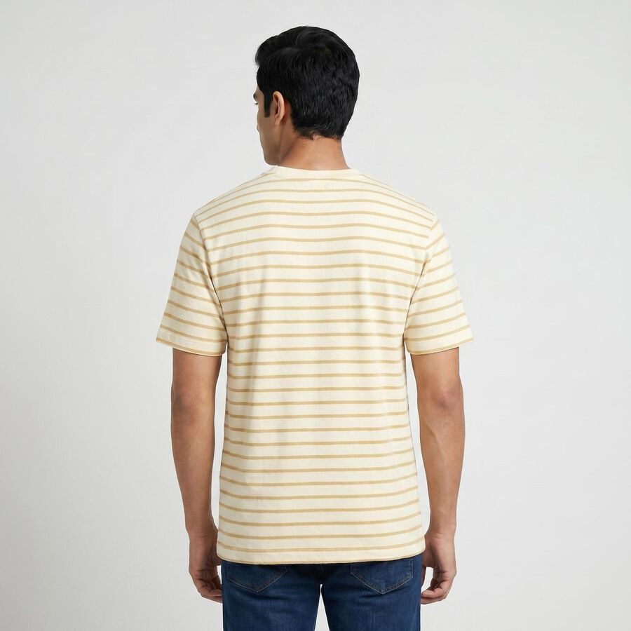Men's Beige Round Neck Casual T-Shirt, गहरा पीला, large