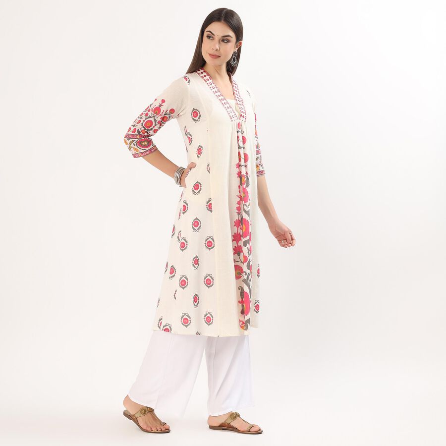 Women's White Cotton Round Neck Straight Kurta, Off White, large