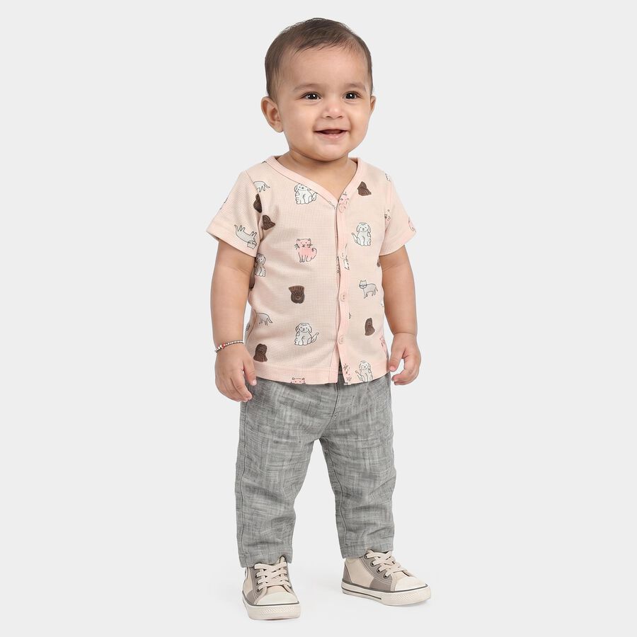 Infants Beige Cotton V-Neck Regular T-Shirt, गहरा पीला, large