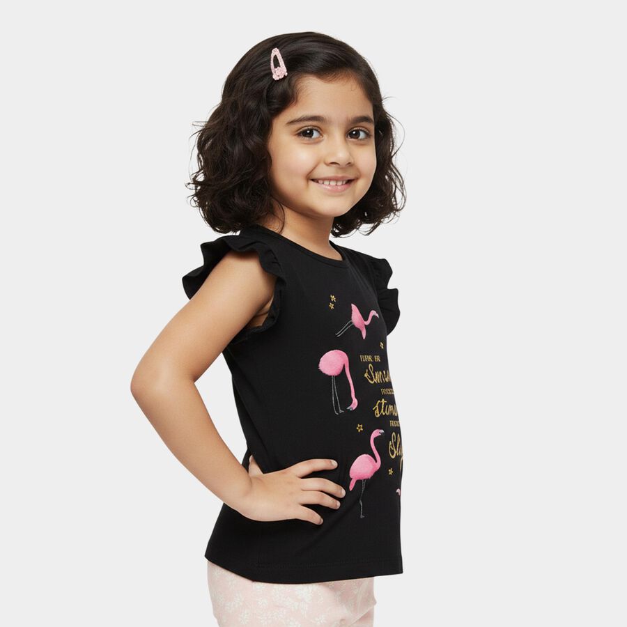 Girls' Black Cotton Round Neck Flamingo Printed Ruffle Sleeve T-Shirt, Black, large