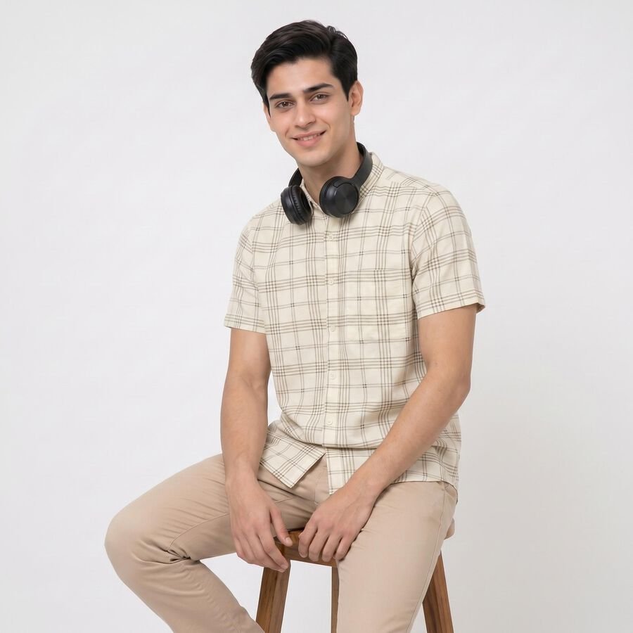 Men's Beige 100% Cotton Checked Regular Fit Casual Shirt, Beige, large