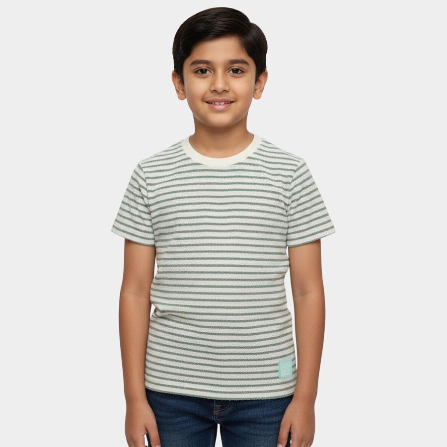 Boys' Green Round Neck Graphic Printed T-Shirt, हल्का हरा, large