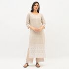 Women's Muted Beige Round Neck Embroidered Kurta, गहरा पीला, small