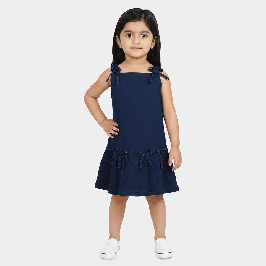 Girls Mid Blue Regular Fit Casual Frock, मध्यम नीला, large